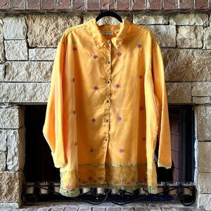 Lemon Grass Sheer Overlay Chiffon Embroidered Marigold Satin Blouse SZ 24W
